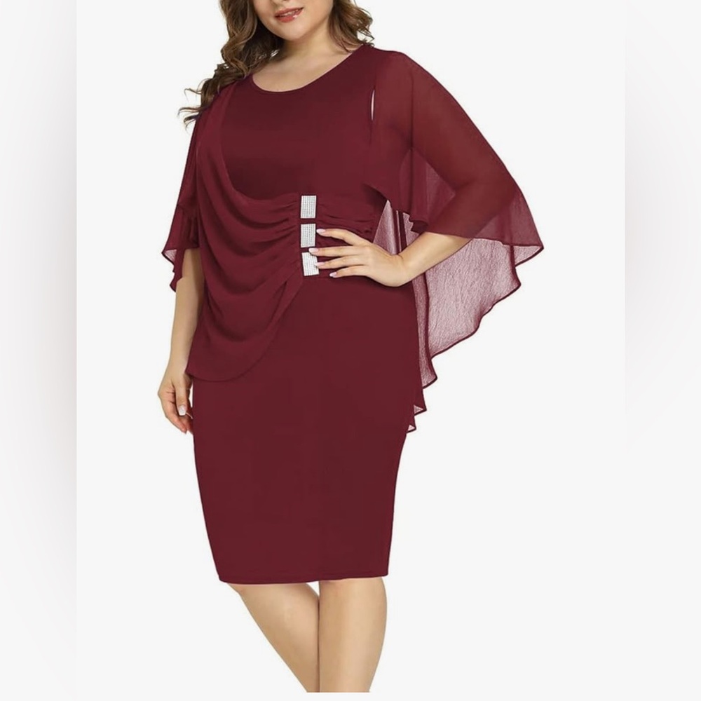 NEW Chiffon Plus Size Ruffle Flattering Cape Sleeve Mother of Bride Dress 3X